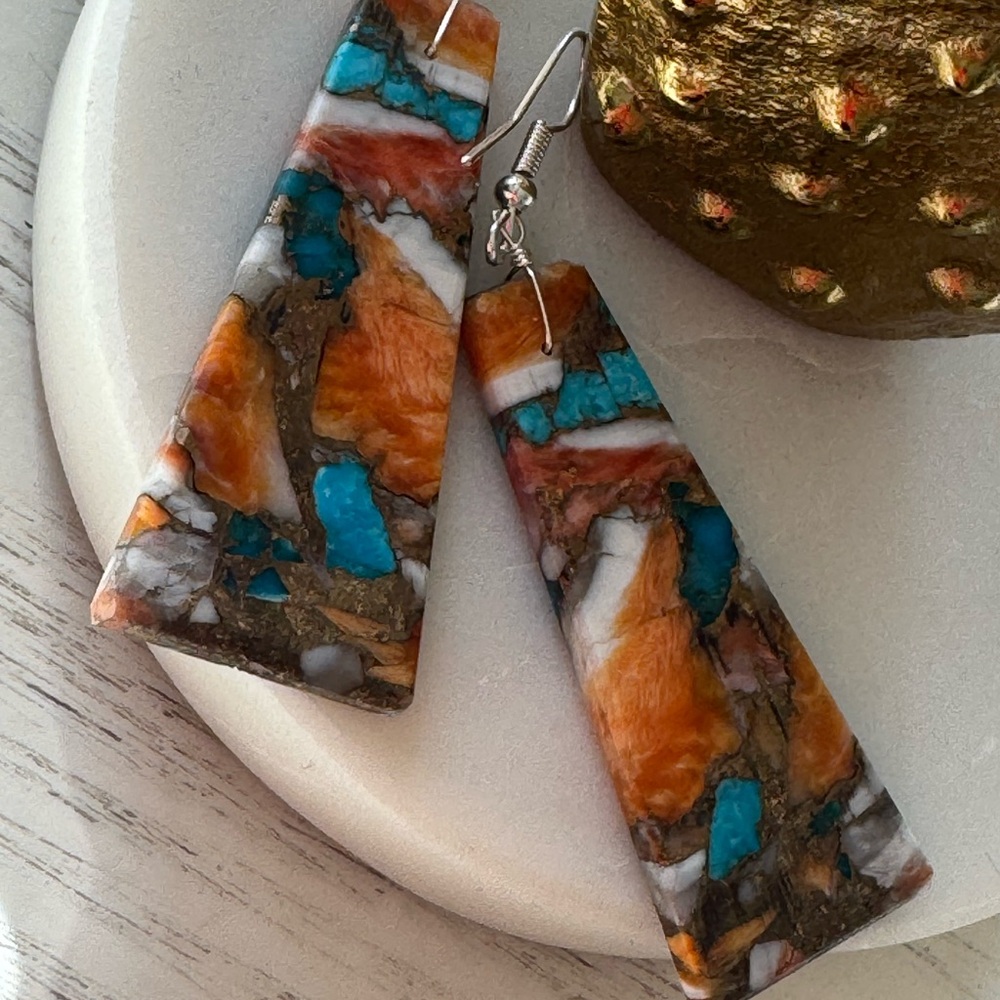 SPINY OYSTER  SLAB DANGLE EARRINGS W/INCLUSIONS #366